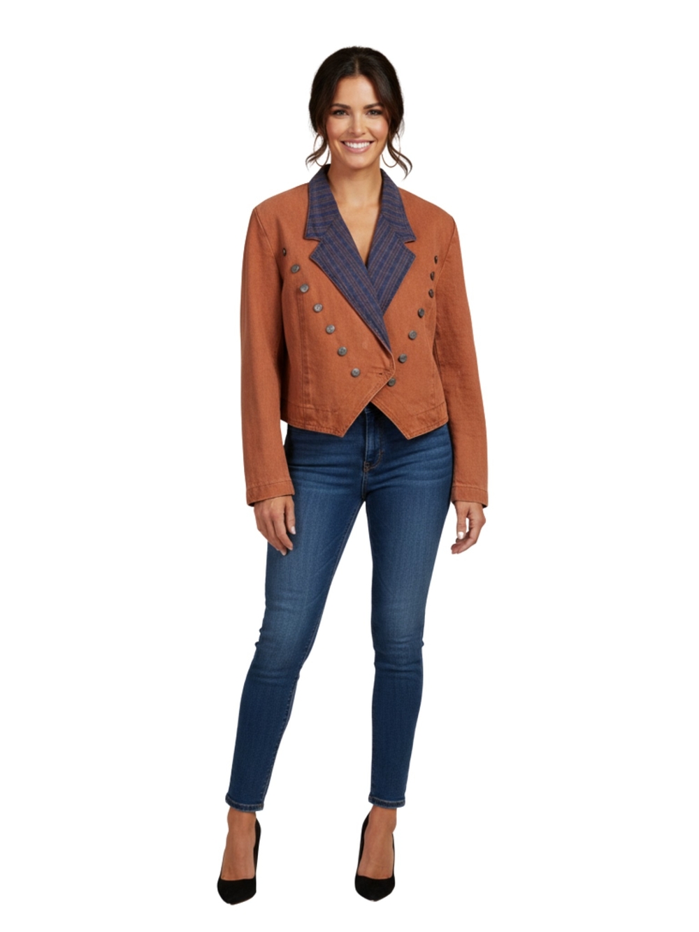 Rust Orange Double-Breasted Jacket with Navy Pinstripe Lapel